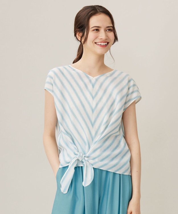 自由区 S 【洗える】テンセルリネンリボン ブラウス オフ×ブルーストライプ