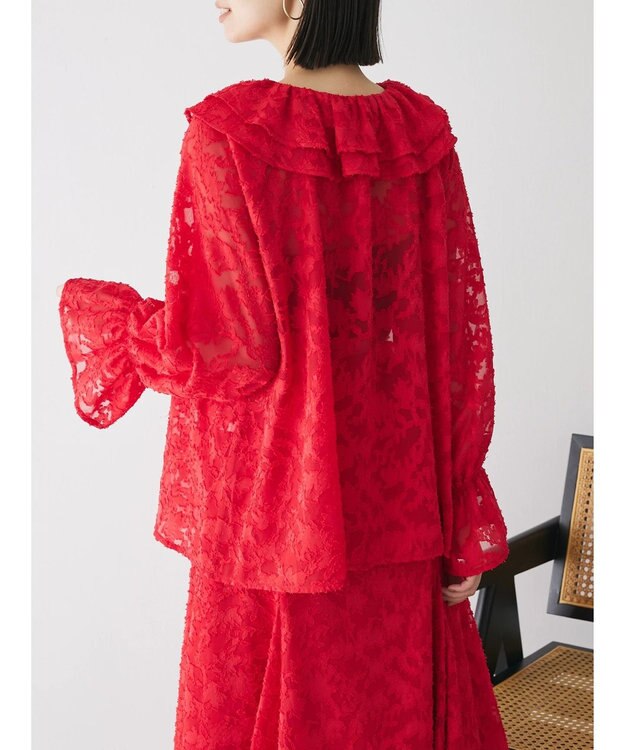 Green Parks シアージャガード花柄フリルブラウス Red