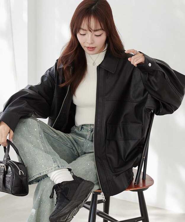 WEGO ヴィンテージライクPUフライトジャケット ブラック