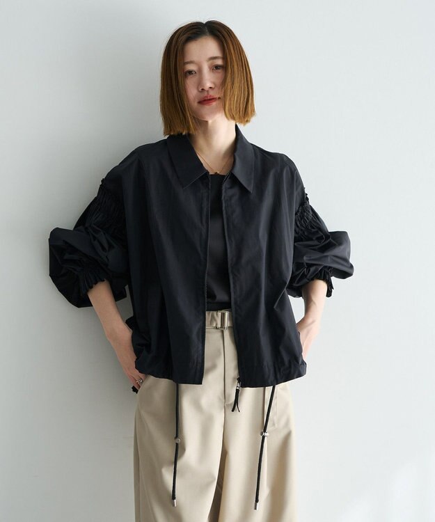 YECCA VECCA ボリュームギャザーデザインZIPブルゾン Black