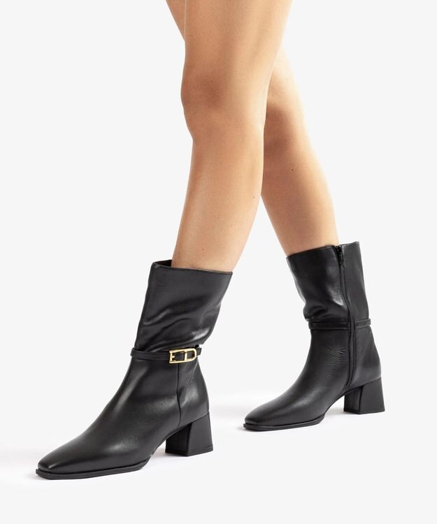 BONTRE 【UNISA/ウニサ】トリム付きスクエアトゥアンクルブーツ/LUNES-UA ブラック