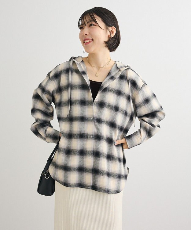 Green Parks ネルチェックフードシャツ Ivory