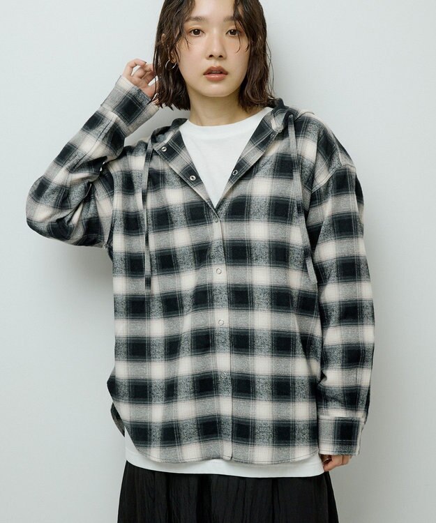 Green Parks ネルチェックフードシャツ Black