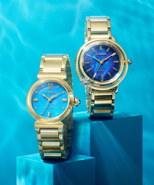 CITIZEN 【生命力あふれる美しい水（AQUA）を表現した限定モデル】電池交換不要 光発電エコ・ドライブ ROUND Collection EM1133-85L ゴールド
