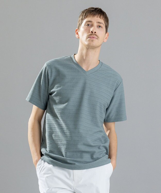 JOSEPH HOMME メランジリップル　Vネックカットソー ピーコックグリーン系