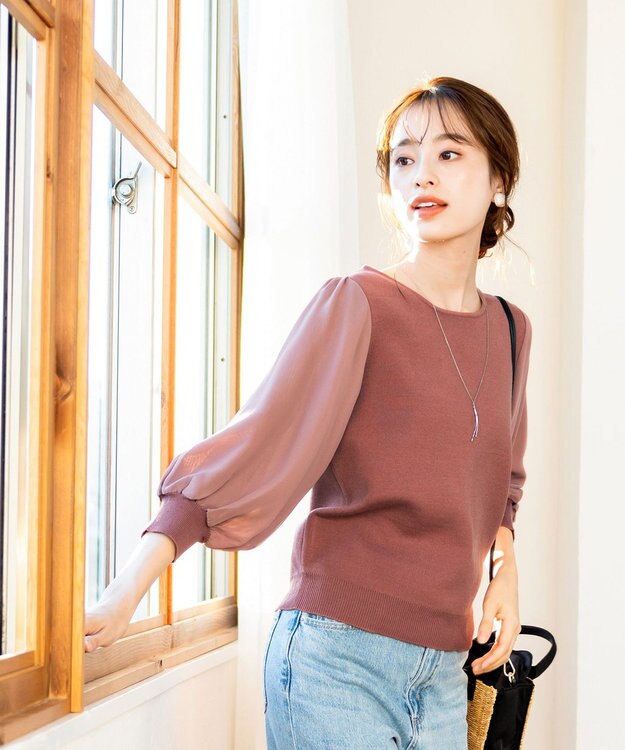 Tiaclasse 【新色追加・洗える】異素材パフ袖トップス ピンク