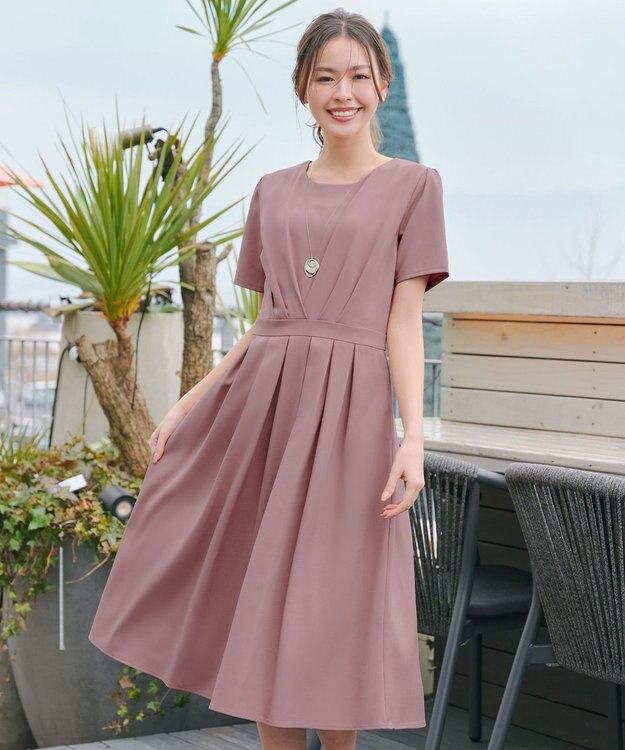 Tiaclasse L 【2TYPEスリーブ/半袖・ノースリーブ・洗える】タックフレアワンピース 半袖：ピンク