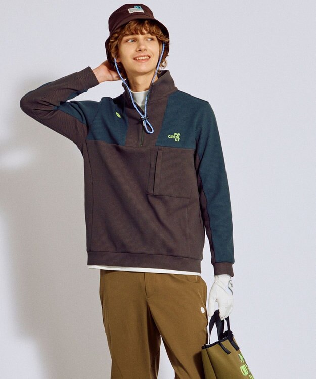 PW CIRCULUS 今が旬トップス！【ドライな肌触り / UV遮蔽率98.9% UVカット / ストレッチ】【MEN】ワッフルハーフジップトップス  ゴルフ カーキ系