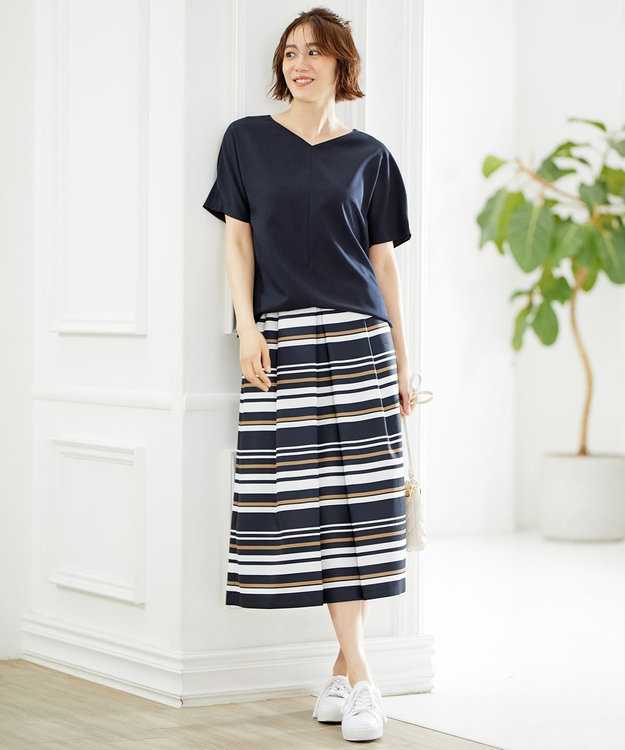 自由区 【接触冷感・速乾・UVカット・撥水・防シワ】リネンライクツイル プルオーバーブラウス ネイビー系1