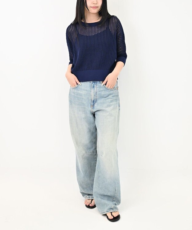 TOQUE 25SS新作〈大草直子さんアドバイザー〉【天然素材】シルク×コットン粗メッシュニットドルマンスリーブ5分袖 ネイビー
