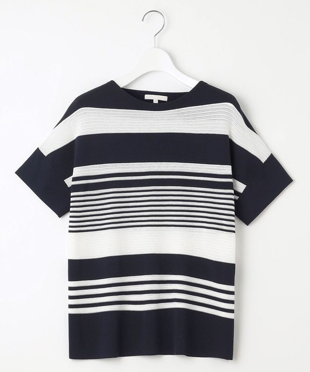 自由区 【UVカット・洗える】クレープストレッチボーダー ニット ネイビー×オフホワイト(ボーダー)