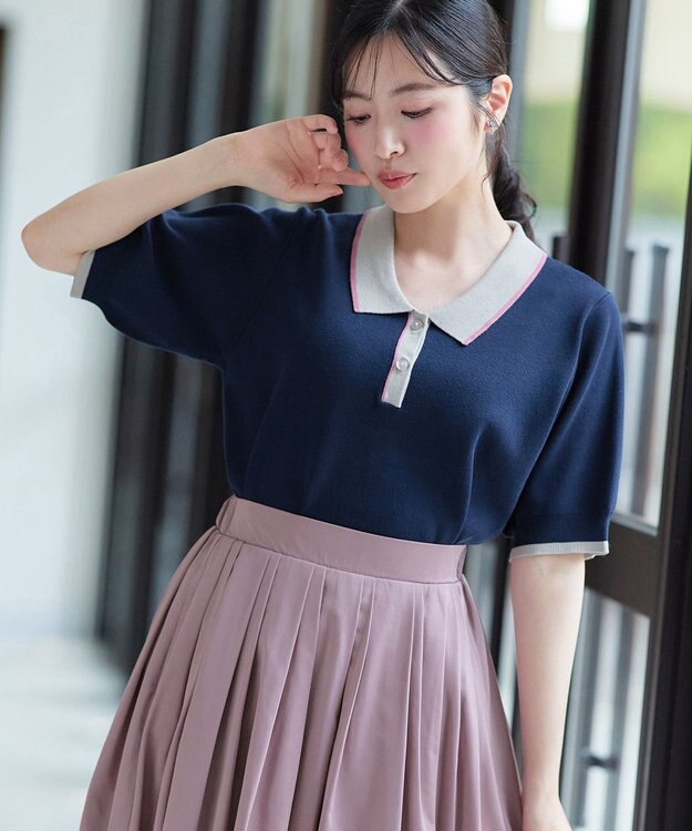 Tiaclasse L 配色ニットポロトップス ネイビー