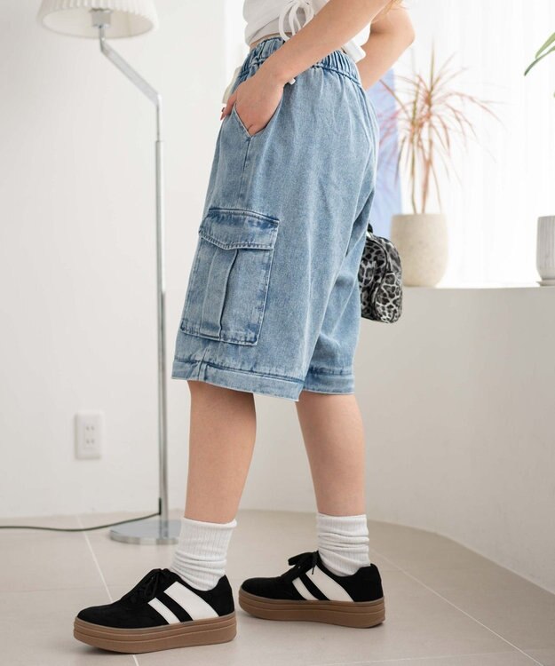 WEGO 【ウエストゴム/2WAY】2WAYデニムカーゴパンツ デニム淡加工色