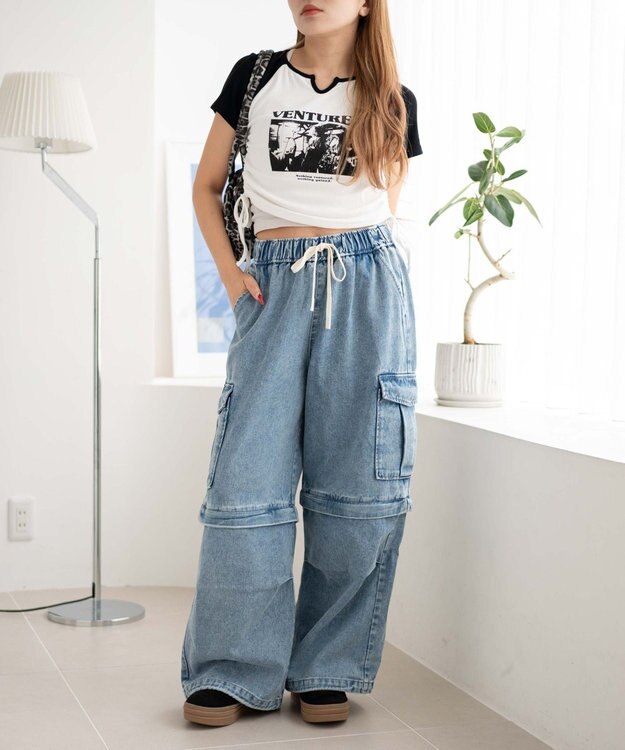 WEGO 【ウエストゴム/2WAY】2WAYデニムカーゴパンツ デニム淡加工色