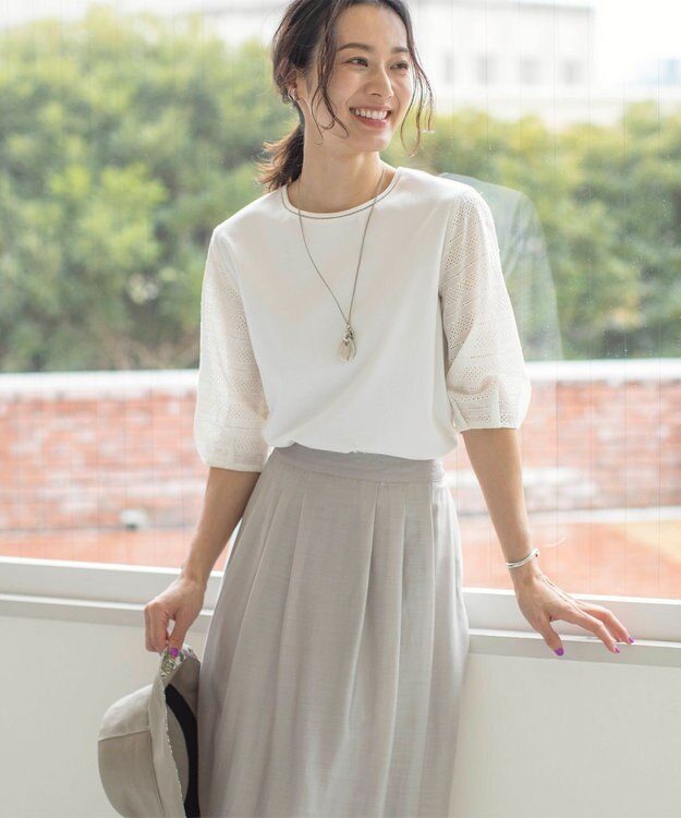 J.PRESS LADIES L 【WEB限定カラーあり】スムースジャージー 刺繍スリーブ カットソー ホワイト系