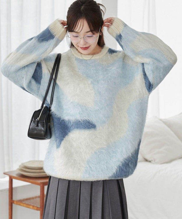 WEGO 【ユニセックス着用ITEM】マーブルシャギーニットプルオーバー サックス