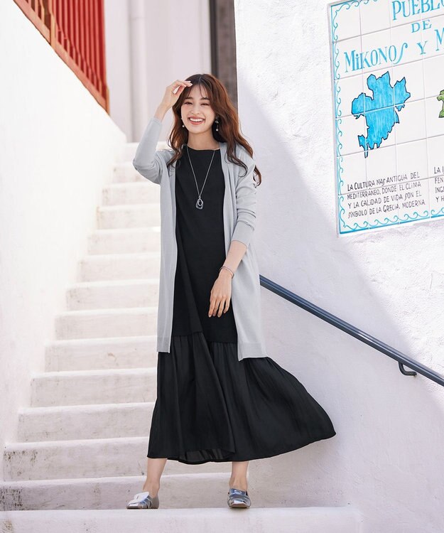 Tiaclasse 【洗える】カットソーコンビヴィンテージサテンワンピース ブラック