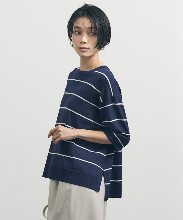 UNFILO L スゴ機能美ニット ハーフスリーブ ネイビーボーダー