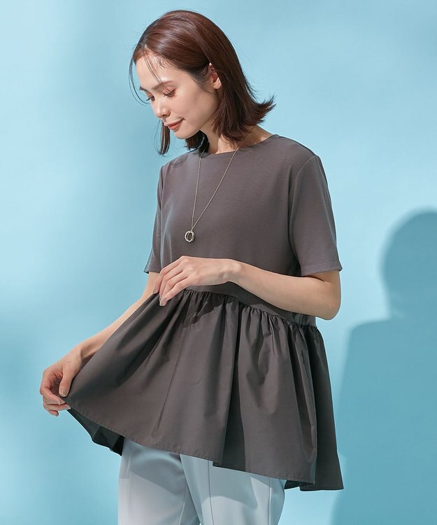 ANY L 【洗濯機可能】ペプラム チュニック丈トップス チャコール