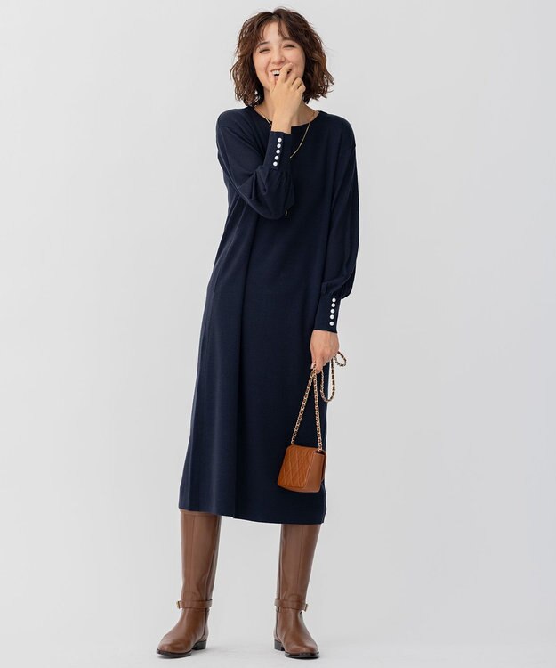 23区 【CLASSY.1月号掲載】ウールブレンド パール ニットワンピース ネイビー系