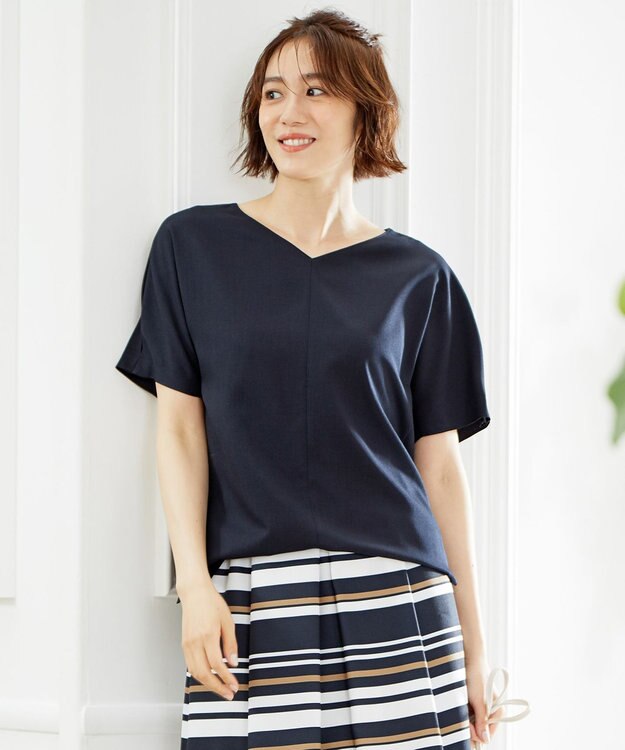 自由区 【接触冷感・速乾・UVカット・撥水・防シワ】リネンライクツイル プルオーバーブラウス ネイビー系