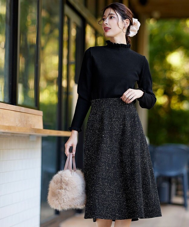 Tiaclasse ラメツイードAラインフレアスカート ブラック