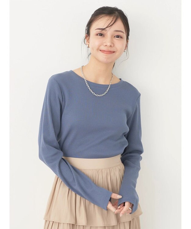 earth music&ecology チェーンリブクルーネックプルオーバー Blue
