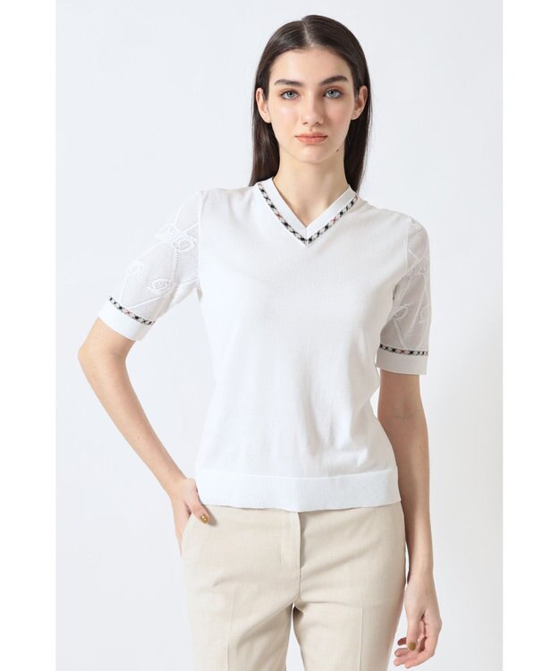 DAKS コットン混ストレッチ ロゴメッシュスリーブ Vネックプルオーバー オフホワイト