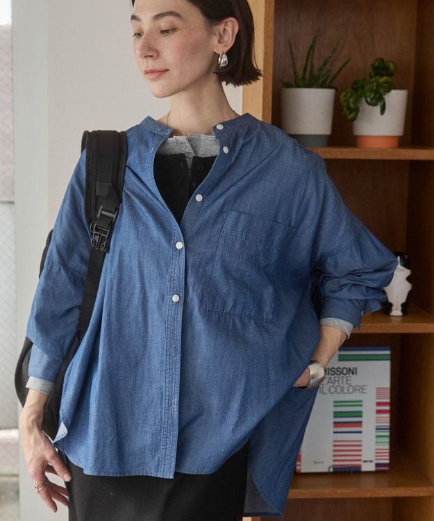 WEGO 【ANGIE VINTAGE】シアーデニムバンドカラーシャツ ネイビー