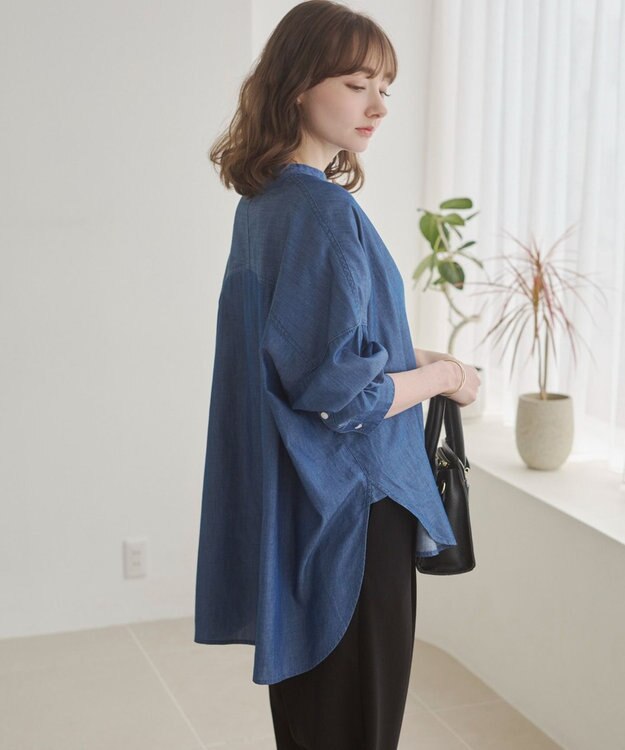 WEGO 【ANGIE VINTAGE】シアーデニムバンドカラーシャツ ネイビー