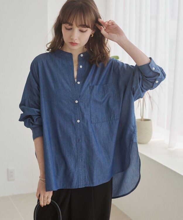 WEGO 【ANGIE VINTAGE】シアーデニムバンドカラーシャツ ネイビー