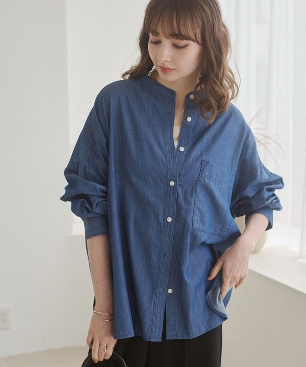 WEGO 【ANGIE VINTAGE】シアーデニムバンドカラーシャツ ネイビー