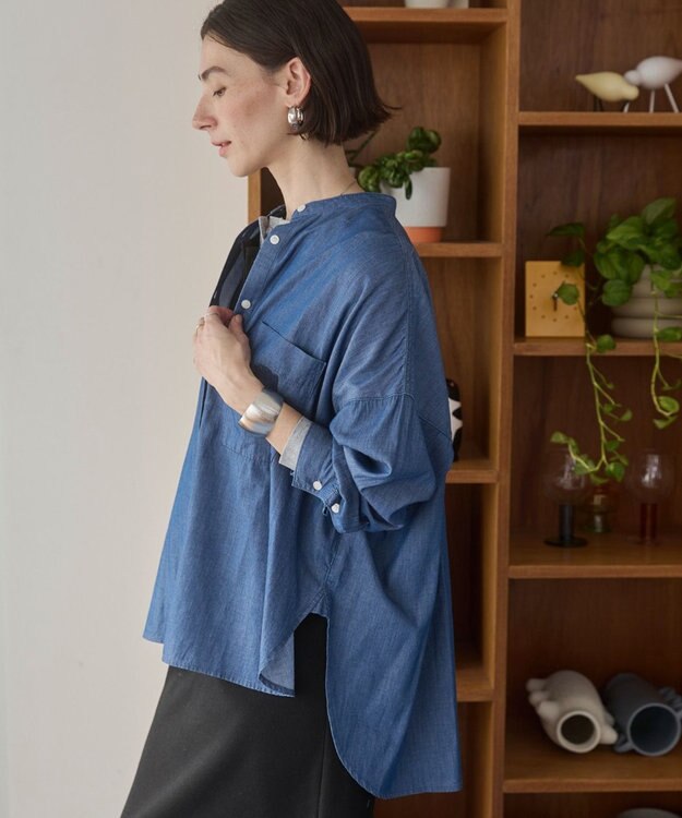 WEGO 【ANGIE VINTAGE】シアーデニムバンドカラーシャツ ネイビー