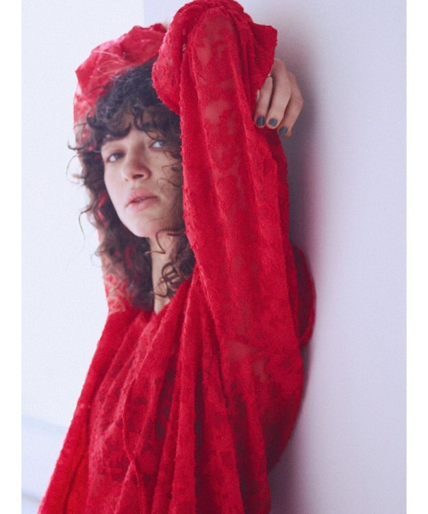 Green Parks シアージャガード花柄フリルブラウス Red