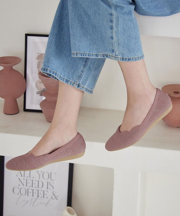 Tiaclasse 【洗える/撥水】スカラップニットフラットパンプス ピンク