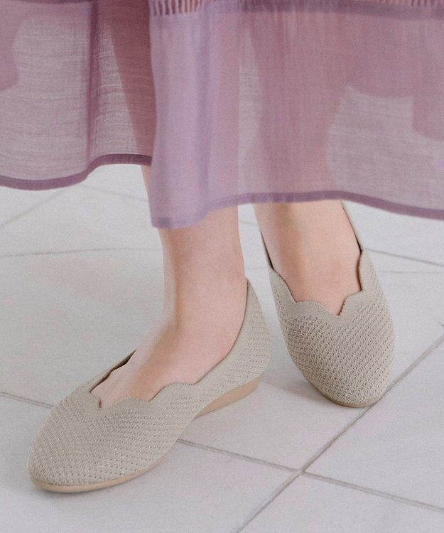 Tiaclasse 【洗える/撥水】スカラップニットフラットパンプス グレージュ