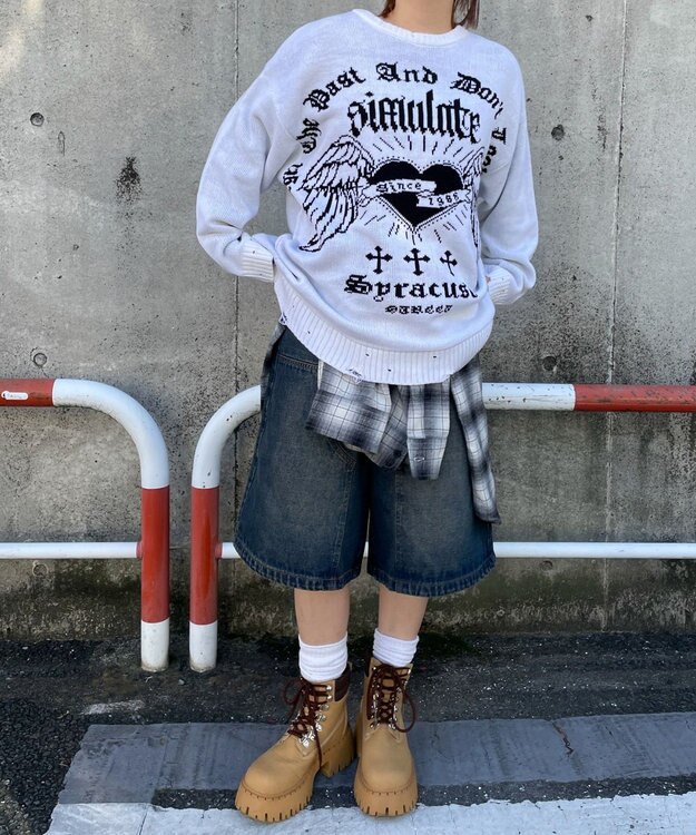 WEGO ウイングハートダメージニット ホワイト