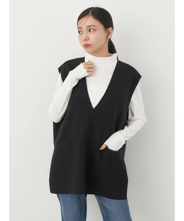 earth music&ecology ＳＥＴ２点圧縮風ポンチベスト＋リブタートル Black