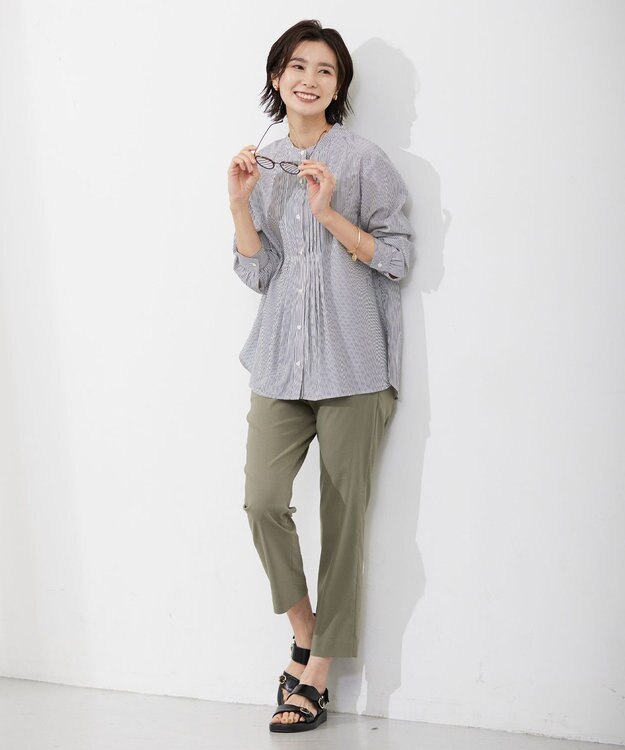 J.PRESS LADIES 【洗える】 コットンアセVis ストライプ バンドカラー ブラウス ネイビー系1