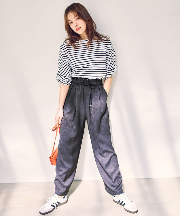 ANY L ツイストスリーブボーダートップス オフ×ブラック