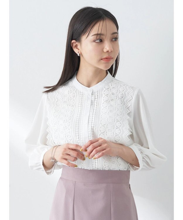 earth music&ecology フロントレースシフォンブラウス Off White