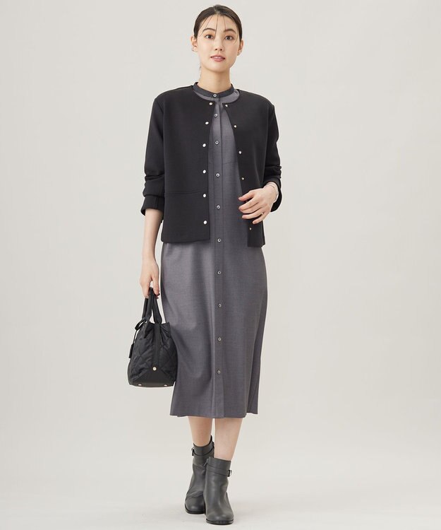 J.PRESS LADIES L 【洗える】T/Rウォッシャブルギャバ バンドカラー ワンピース グレー系