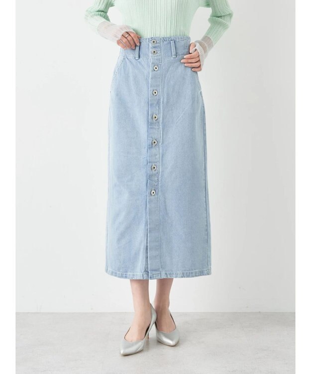 earth music&ecology ボタンナローデニムスカート Light Indigo