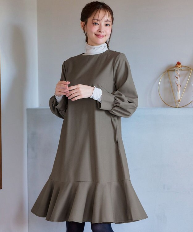 Tiaclasse L 裾フレアパフスリーブワンピース モカ