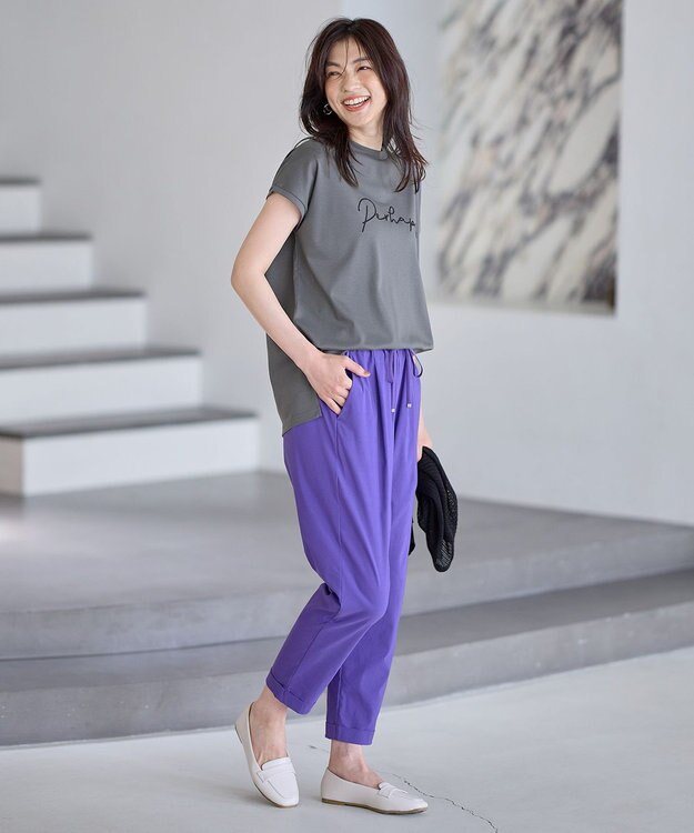 ANY 【汗ジミ防止加工】シルケットスムースフレンチスリーブ刺繍ロゴTシャツ チャコール