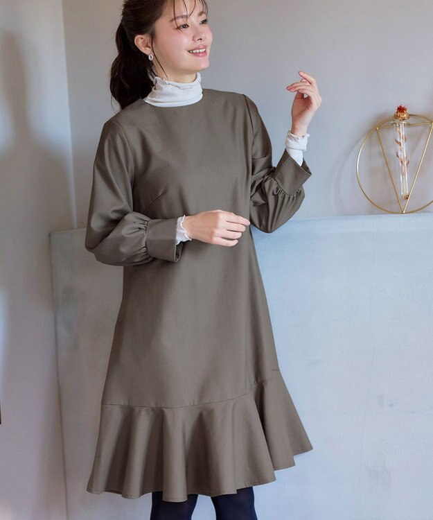 Tiaclasse L 裾フレアパフスリーブワンピース モカ