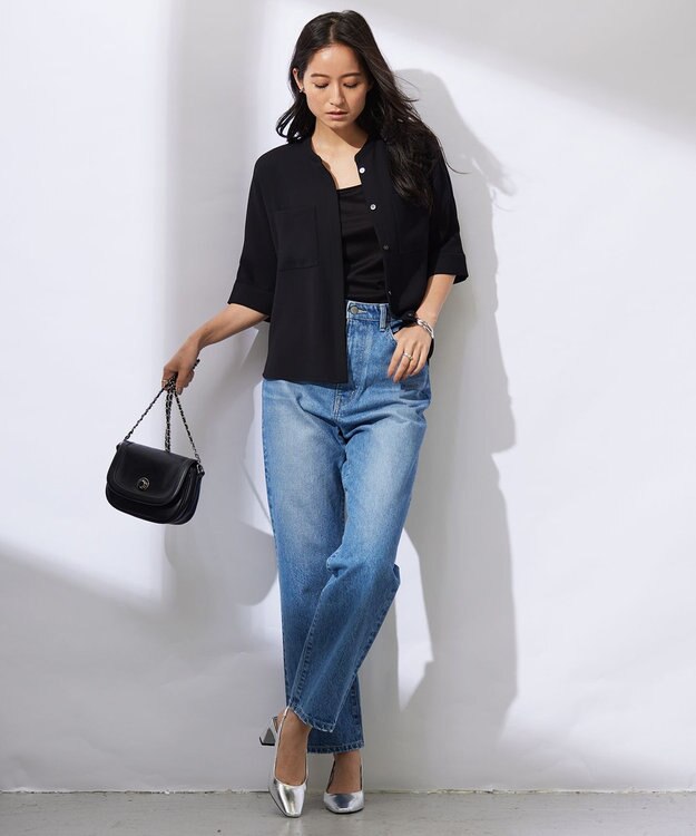 ICB L 【洗える】ライトダブルクロス クロップドシャツ ブラック系