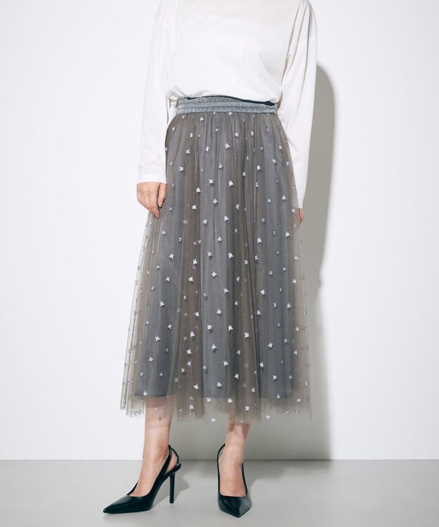 GRACE CONTINENTAL ブーツプリントチュールスカート グレー