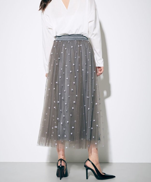 GRACE CONTINENTAL ブーツプリントチュールスカート グレー