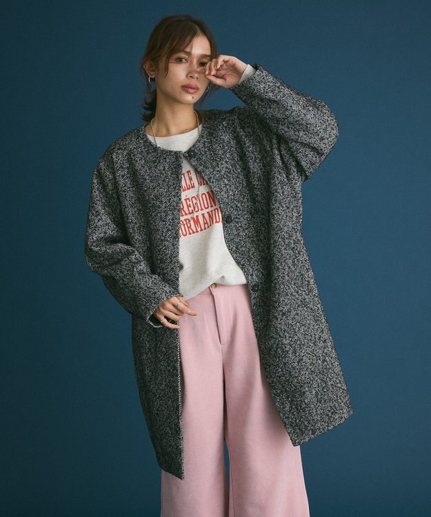 Green Parks ヘリンボーンノーカラーコート Herringbone